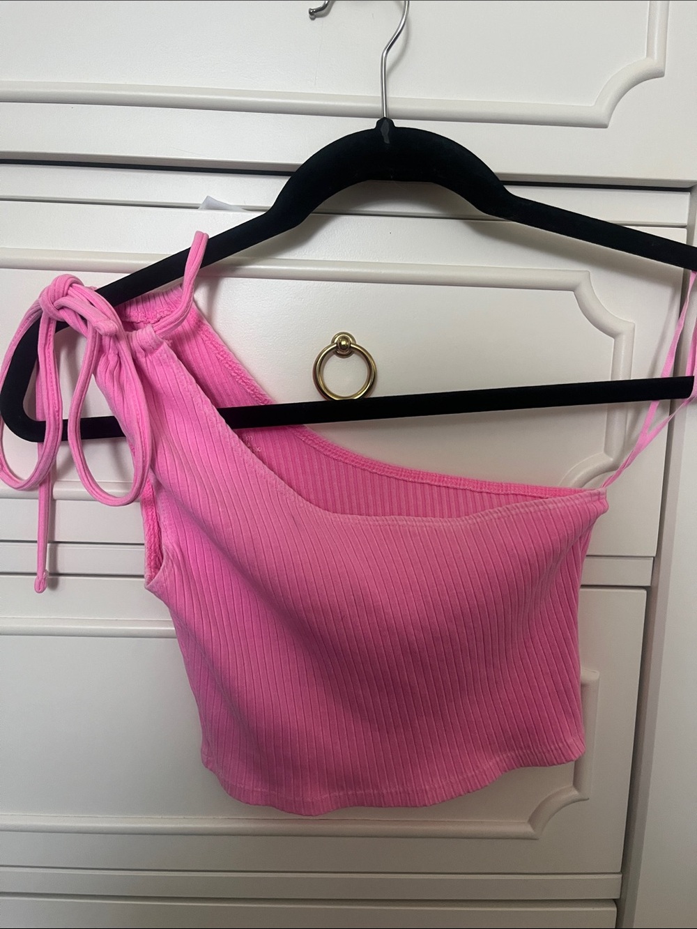 aerie One-Shoulder Ribbed Tie-Shoulder Crop Top in Hot Pink